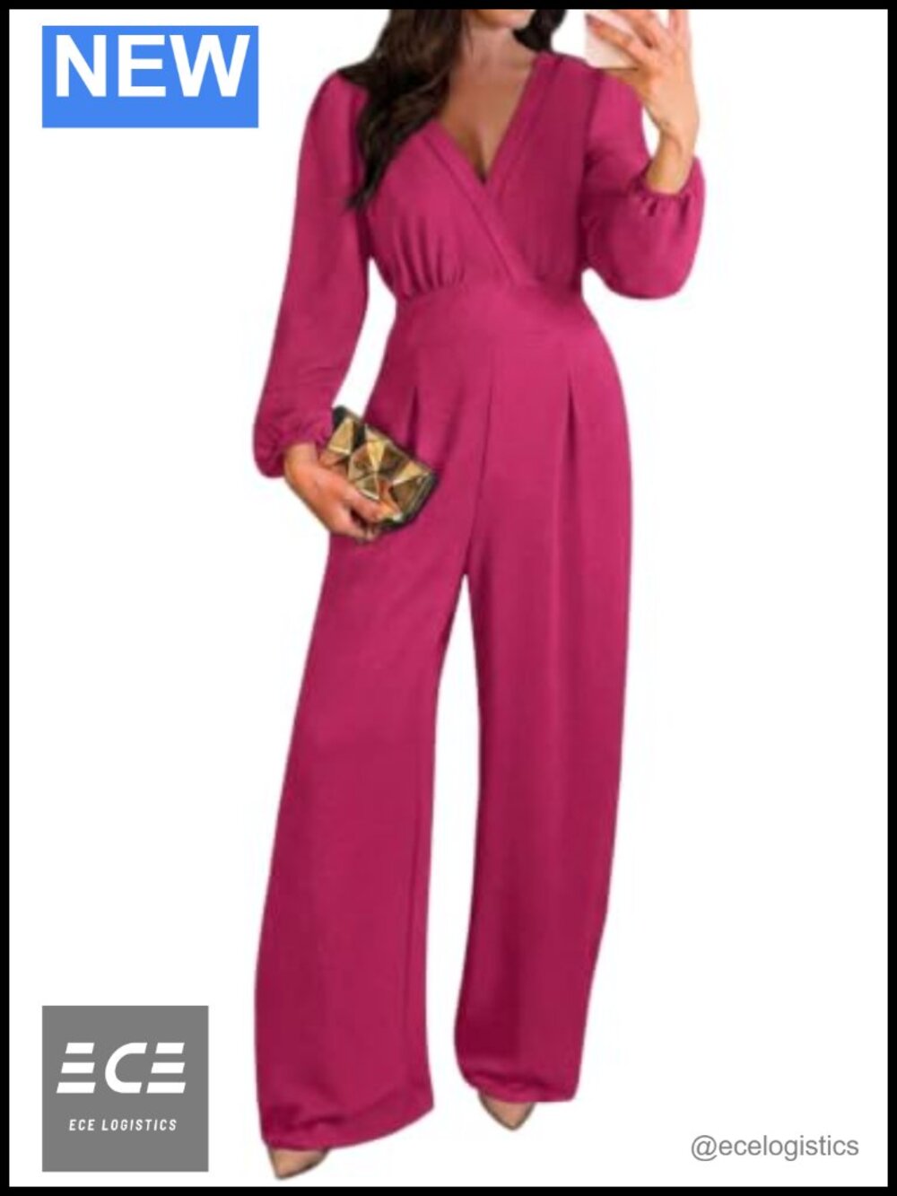 Women's Long Sleeve V Neck Wide Leg Jumpsuit Romper with Pockets